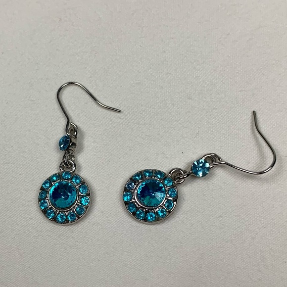 Aqua Blue Rhinestone Round Dangle Earrings - Picture 3 of 4
